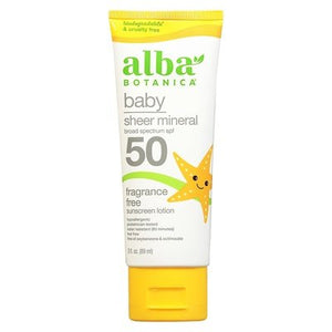 Alba Botanica Sunscreen Lotion Baby Sheer Mineral Fragrance Free Broad Spectrum SPF 50 3 OZ [UNFI #2926632] T