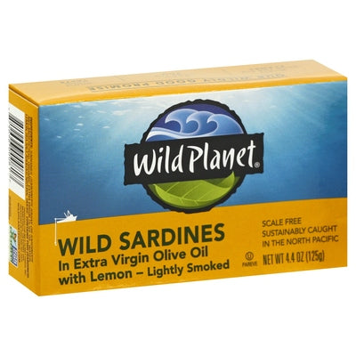 Wild Planet Wild Sardines In Extra Virgin Olive Oil Lemon Lightly Smoked 12/4.4 OZ [UNFI #214593] [ebt]