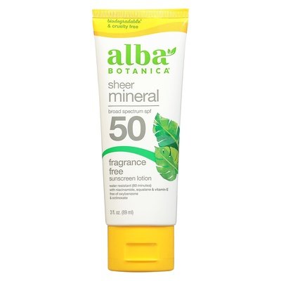 Alba Botanica Sunscreen Lotion Sheer Mineral Fragrance Free Broad Spectrum SPF 50 3 OZ [UNFI #2926574] T