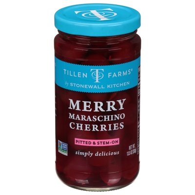 Tillen Farms Cherries Merry Maraschino Pitted & Stem-On 6/13.5 OZ [UNFI #2562528] [ebt]