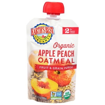 Earths Best Fruit & Grain Puree Apple Peach Oatmeal 2 (6+ Months) 12/3.5 OZ [UNFI #2815165] [ebt]