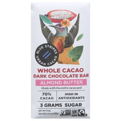 Blue Stripes Chocolate Bar Dark Whole Cacao Almond Butter 12/2.1 OZ [UNFI #2865533] [ebt]