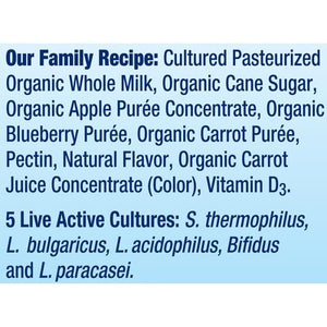 Stonyfield Organic Organic Blueberry Apple Carrot Whole Milk Yogurt 8/3.5 OZ [UNFI #2029676] [ebt]