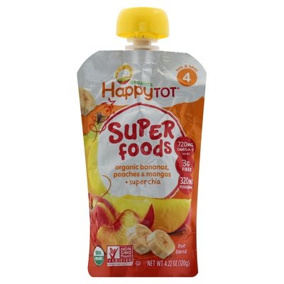 Happy Tot Fruit Blend Organic Bananas Peaches & Mangos + Super Chia 4 (Tots & Tykes) 16/4.22 OZ [UNFI #209080] [ebt]