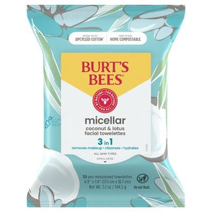 Burts Bees Facial Towelettes Micellar Coconut & Lotus 3 in 1 3/30 CT [UNFI #2421824] T