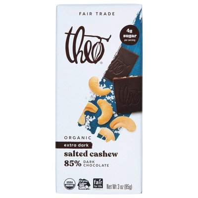 Theo Chocolate Dark Chocolate Organic 85% Extra Dark Salted Cashew 12/3 OZ [UNFI #2668754] [ebt] T