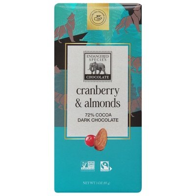 Endangered Species Chocolate Dark Chocolate Cranberry & Almonds 72% Cocoa 12/3 OZ [UNFI #105718] [ebt] T