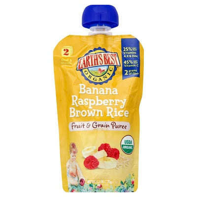 Earths Best Fruit & Grain Puree Banana Raspberry Brown Rice 2 (Over 6 Months) 12/4.2 OZ [UNFI #3058047] [ebt]